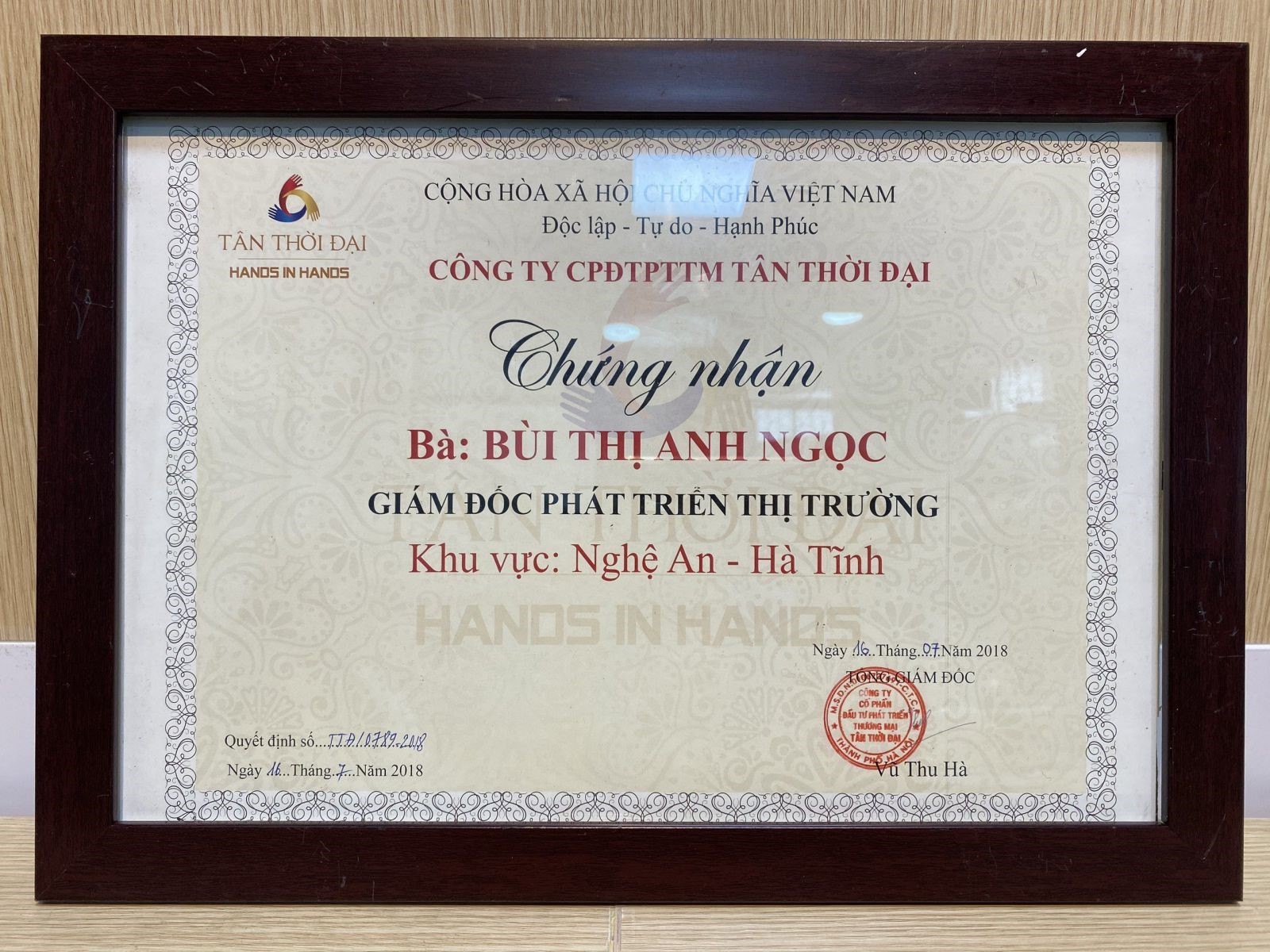 Chứng nhận Giám đốc phát triển thị trường khu vực Nghệ An - Hà Tĩnh